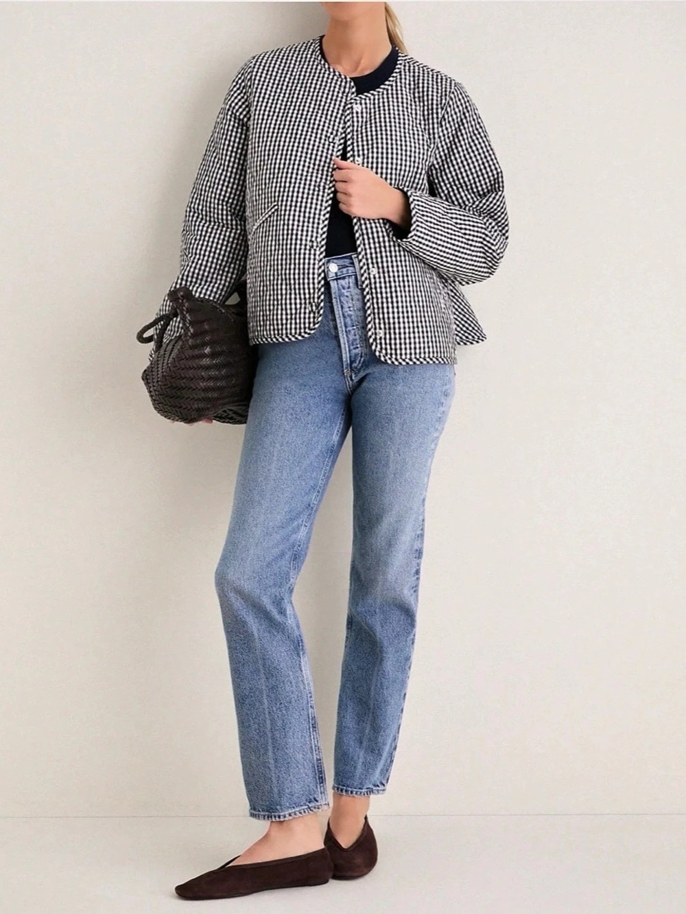 Barbour Cashel Check Collarless Quilted Jacket Blue & White Size 10